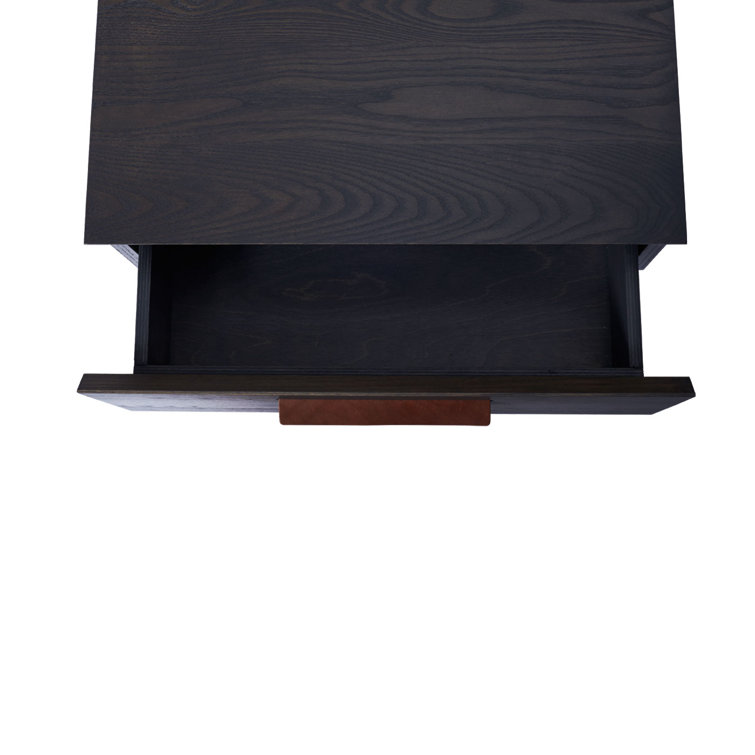 Smoke Gray Solid Wood Nightstand with Leather Pull