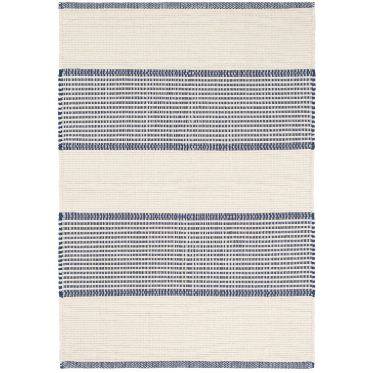 Ivory and Navy Handwoven Cotton Stripe Rug, 10' x 14'