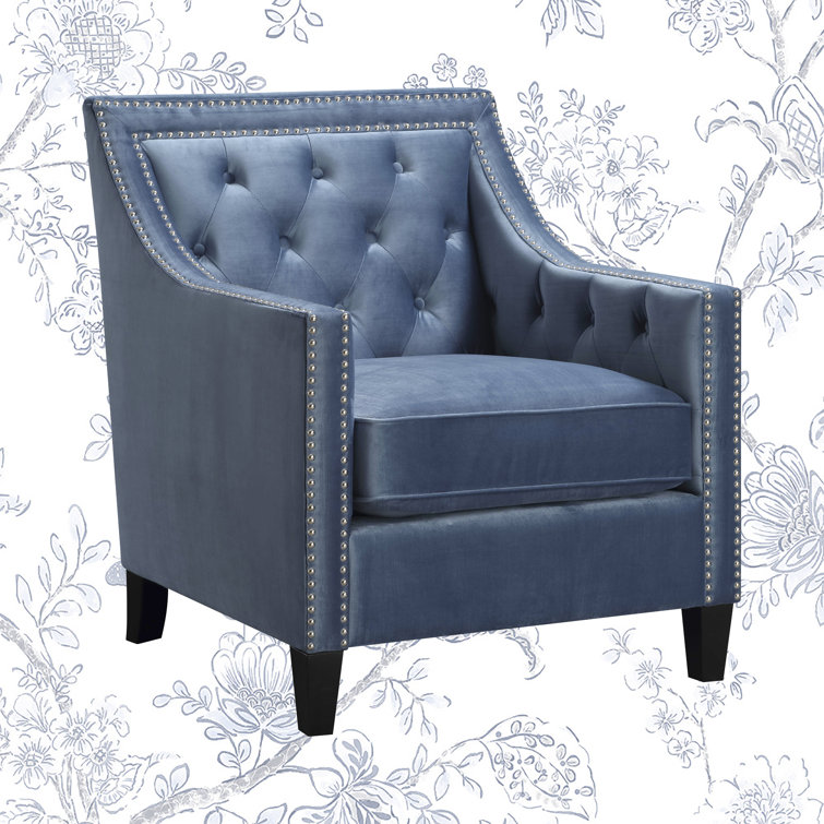 Marine Blue Velvet Square-Arm Accent Chair with Silver Nailhead Trim