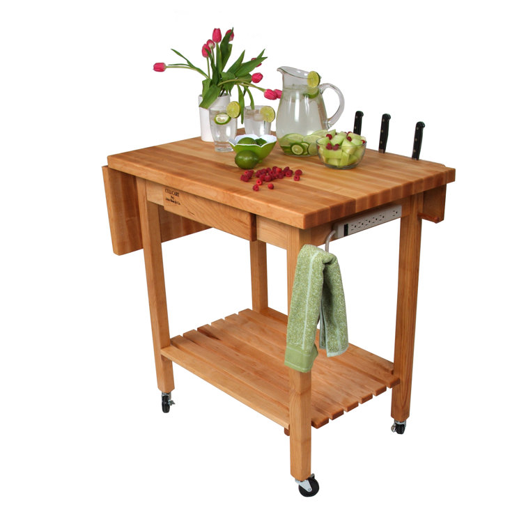Deluxe Maple Drop Leaf Butcher Block Kitchen Cart with Storage
