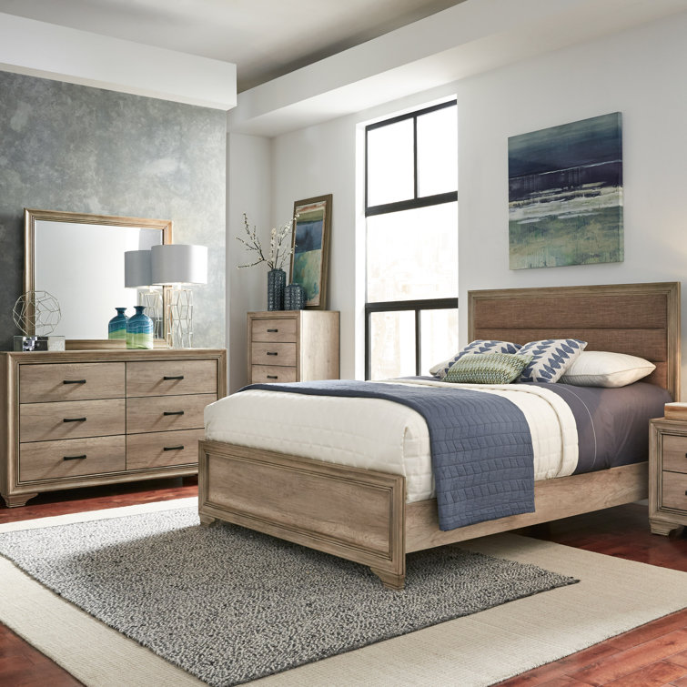 Sandstone Finish King Upholstered Bed with Dresser and Mirror