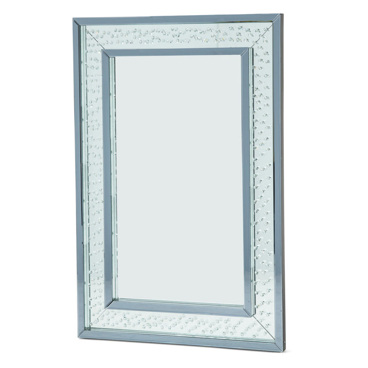 Sleek Rectangular Wood and Silver Crystal Wall Mirror