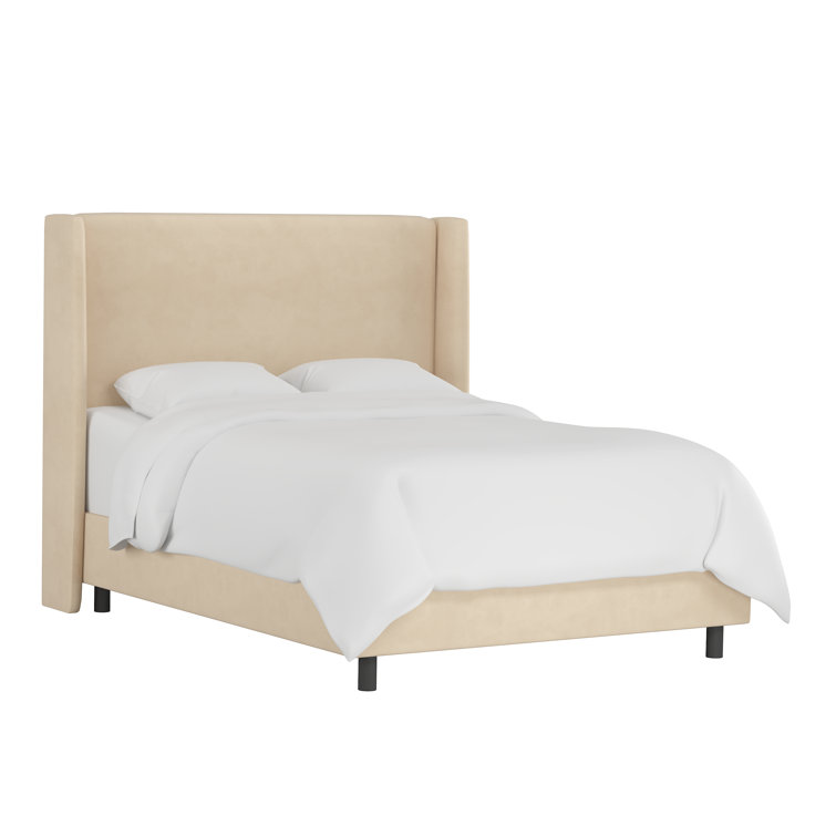 Beige Queen Upholstered Wingback Bed with Wood Frame