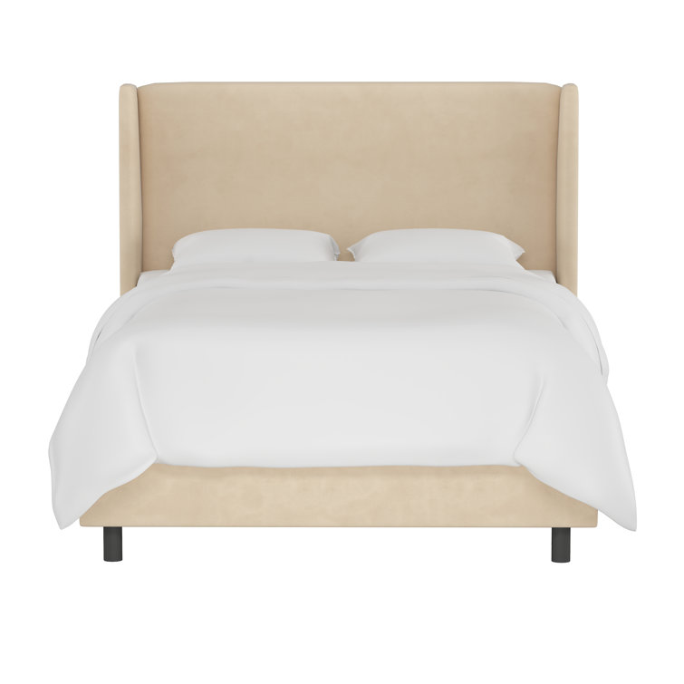 Beige Queen Upholstered Wingback Bed with Wood Frame