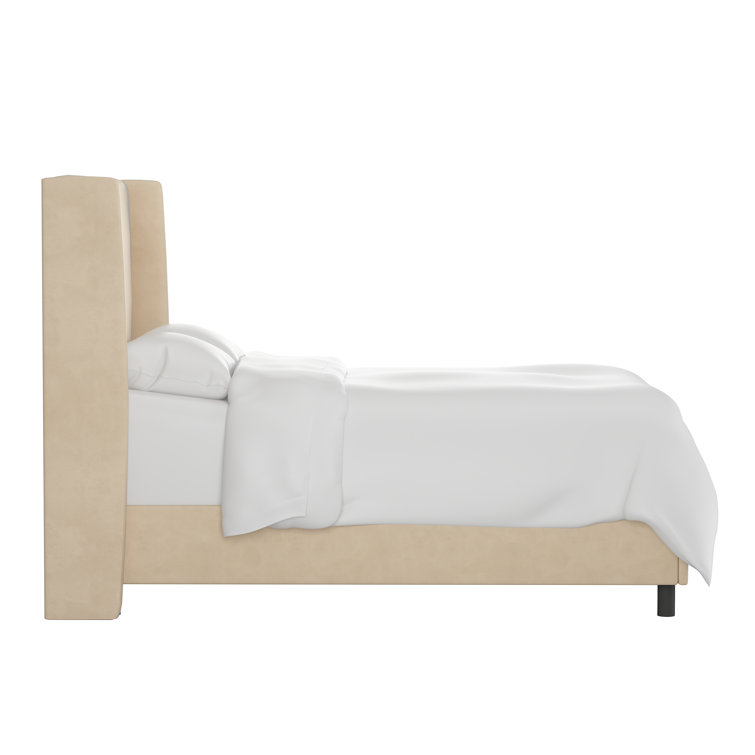 Beige Queen Upholstered Wingback Bed with Wood Frame