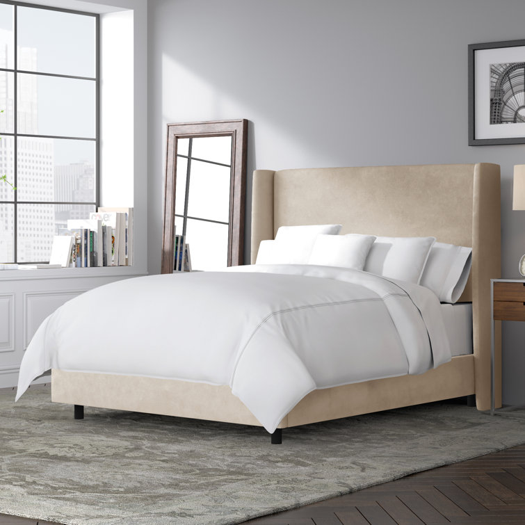 Beige Queen Upholstered Wingback Bed with Wood Frame