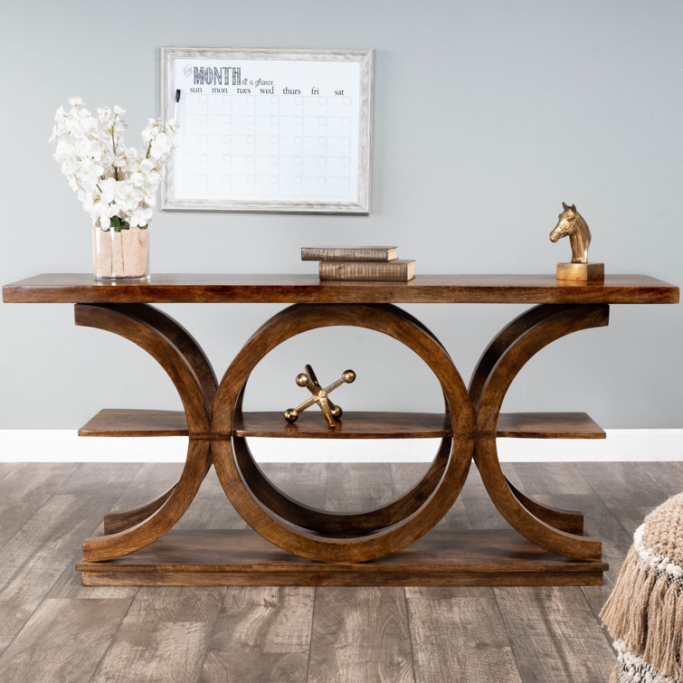 Stowe Solid Mango Wood and Glass 3-Tier Console Table in Dark Brown