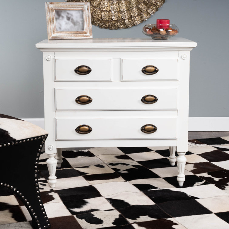 Off-White Solid and Manufactured Wood 4-Drawer Chest with Antique Bronze Hardware