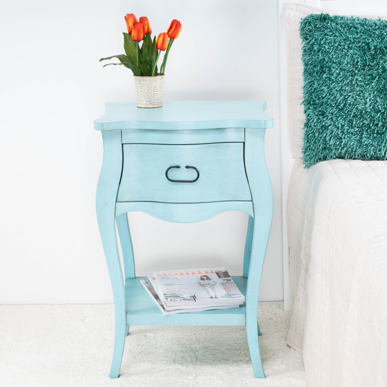 Distressed Blue Mango Wood 1-Drawer Nightstand with Shelf