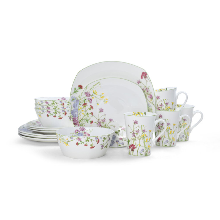 Wildflower Garden Square Floral Porcelain Dinnerware Set, Service for 4