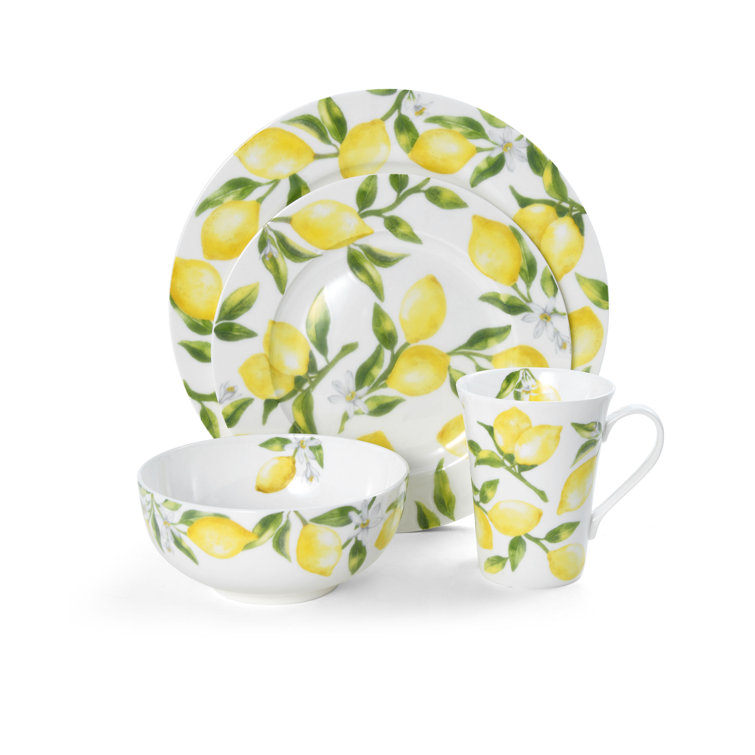 Bright White Porcelain Lemon Floral Dinnerware Set, Service for 4