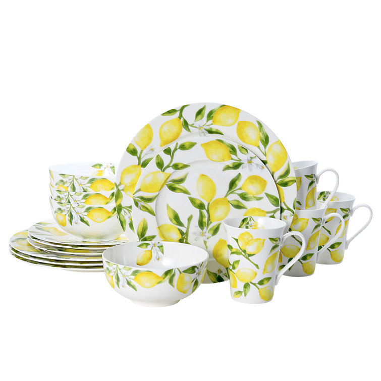 Bright White Porcelain Lemon Floral Dinnerware Set, Service for 4