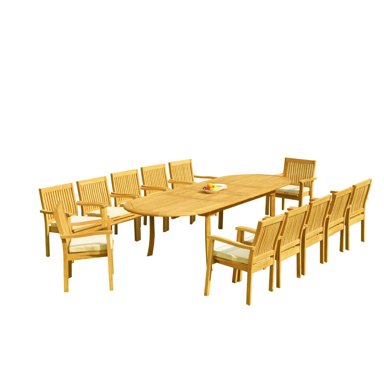 Teak 13-Piece Extendable Rectangular Dining Set with Stackable Chairs