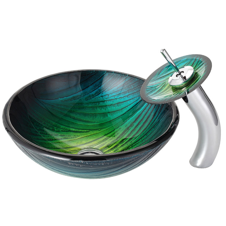 Green Glass Vessel Sink with Chrome Waterfall Faucet
