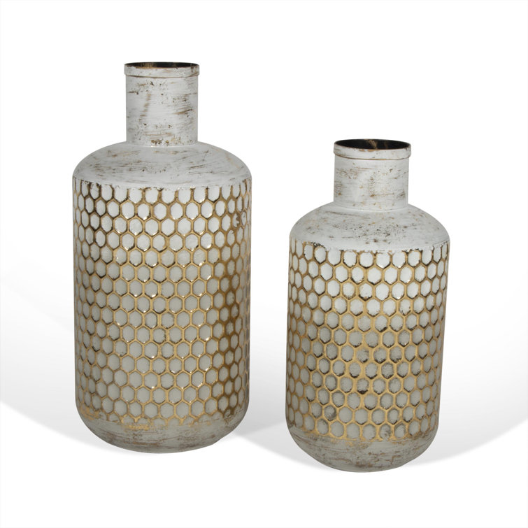 White and Gold Cylindrical Metal Table Vase Set