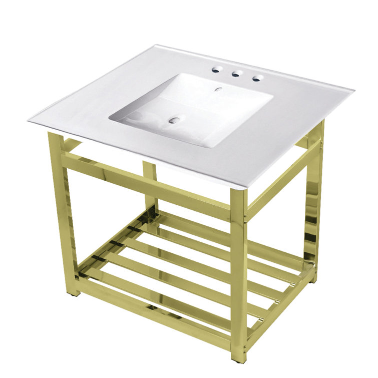 White Ceramic Console Sink with Polished Brass Base
