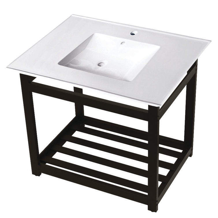 White Ceramic Console Sink with Brushed Nickel Steel Base