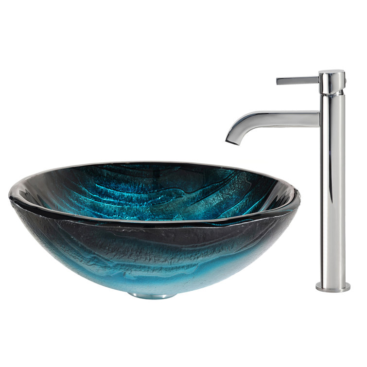 Ice-Blue Glass Vessel Sink with Chrome Faucet
