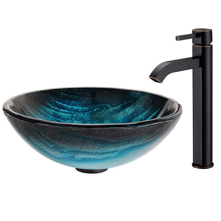Ice-Blue Glass Round Vessel Sink with Oil Rubbed Bronze Faucet