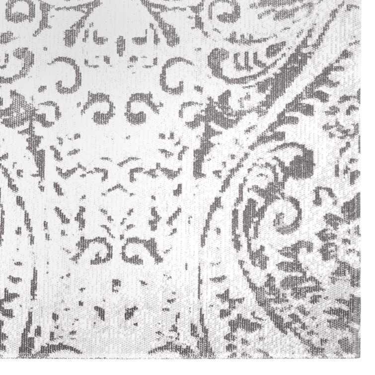 Ivory and Grey Round Synthetic Paisley Area Rug