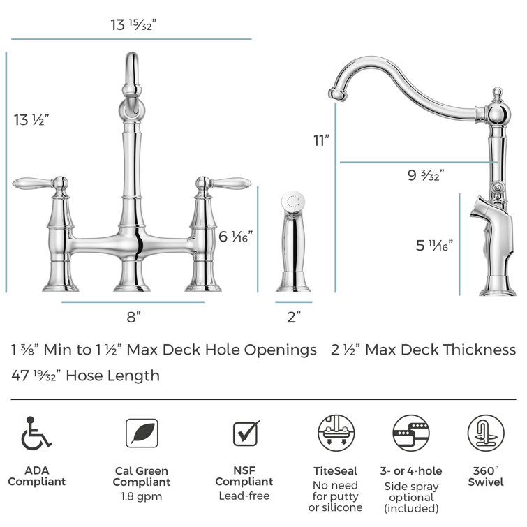 Polished Chrome Bridge Kitchen Faucet with Side Sprayer