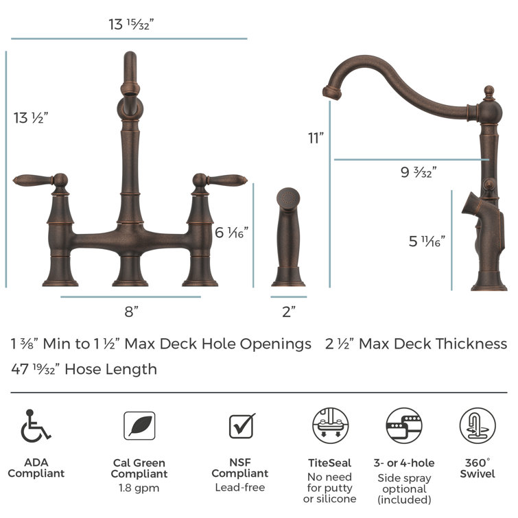Rustic Bronze Double Handle Bridge Kitchen Faucet with Side Sprayer