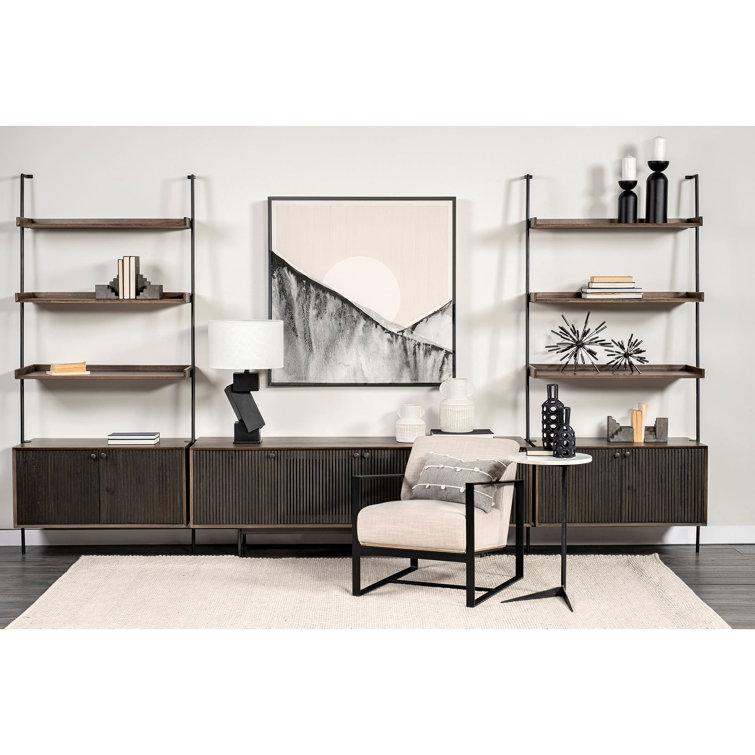 Mango Wood Ladder Bookcase with Dark Brown Cabinet