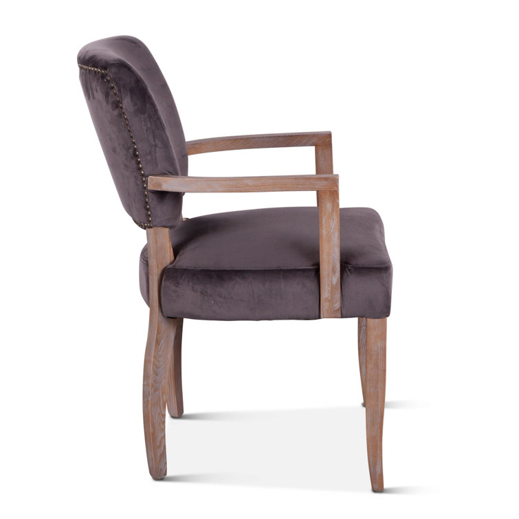 Asphalt Gray Velvet Upholstered Arm Chair with Oak Frame