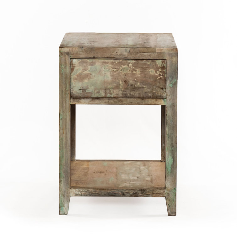 Vintage Teal Teak Wood Nightstand with Hexagon Design and Antique Nickel Handle
