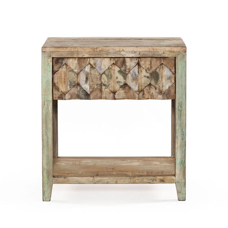Vintage Teal Teak Wood Nightstand with Hexagon Design and Antique Nickel Handle