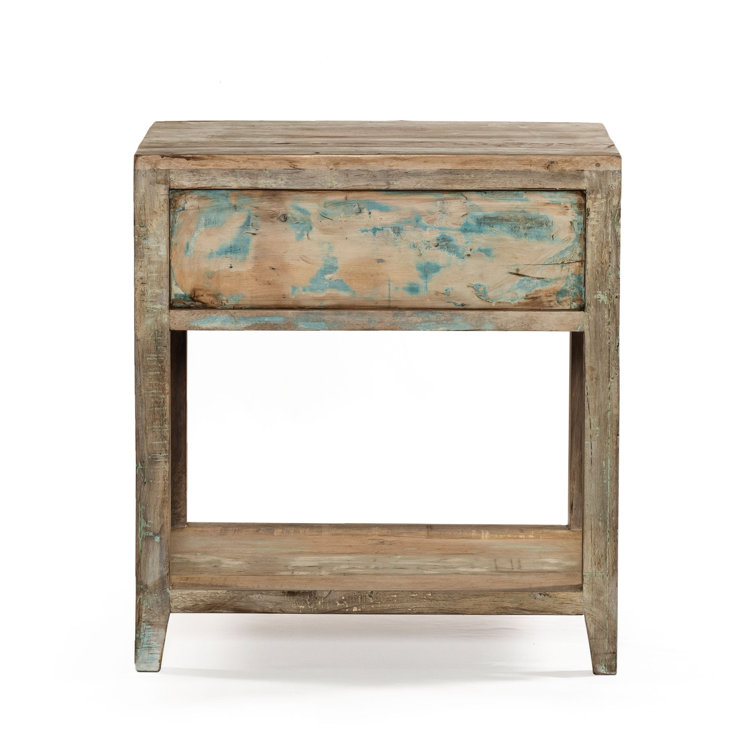 Vintage Teal Teak Wood Nightstand with Hexagon Design and Antique Nickel Handle