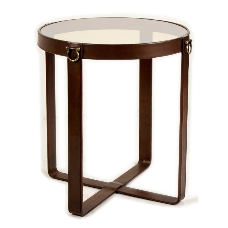 Brown Leather and Glass Round End Table with Brass Accents