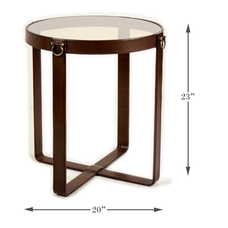 Brown Leather and Glass Round End Table with Brass Accents