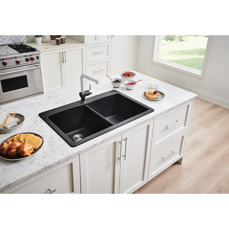 Soft White Stone Double Bowl Drop-In Kitchen Sink