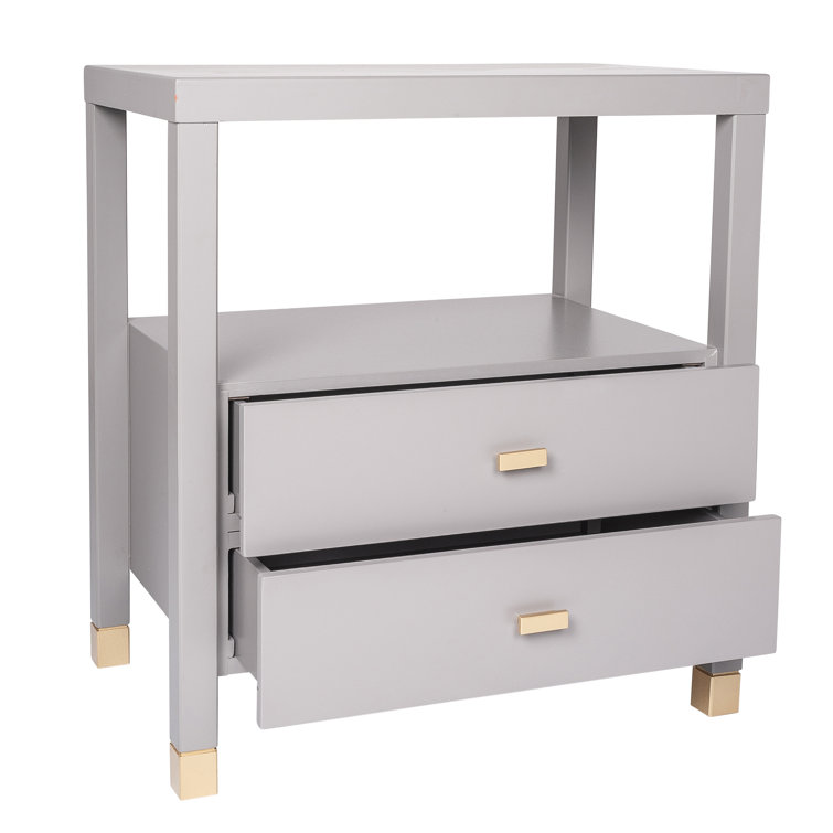 Gray Solid Wood 2-Drawer Nightstand with Shelf