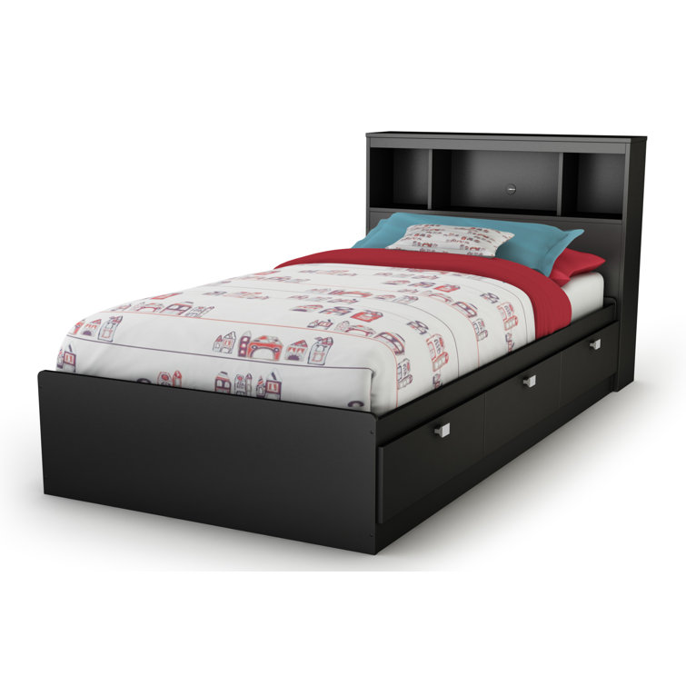 Pure Black Twin Upholstered Wood Bookcase Headboard with Storage