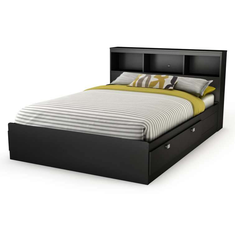 Full Black Wood Bookcase Headboard with Storage