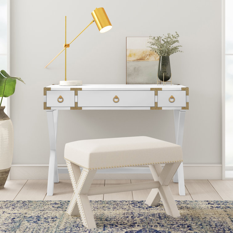 Aerilyn Glossy White Wood Writing Desk with Gold Accents
