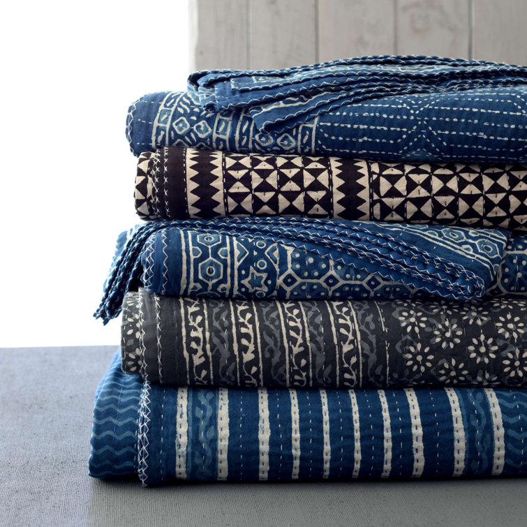 Indigo Cotton Block-Print King Coverlet