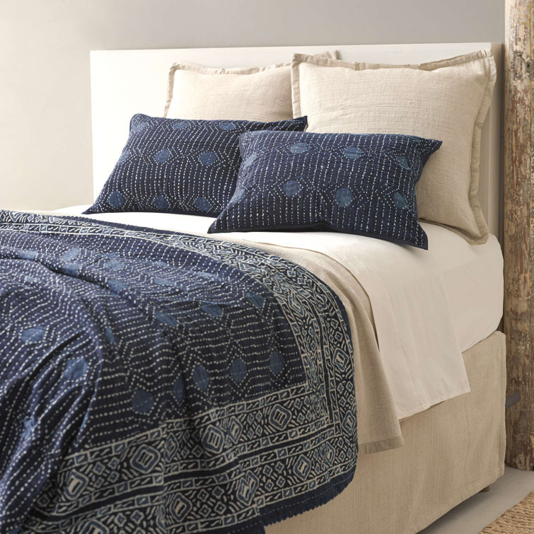 Indigo Cotton Standard Sham with Kantha Stitching