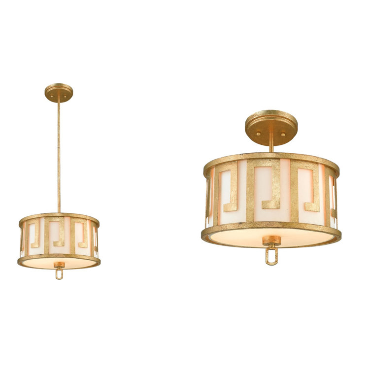Distressed Gold Drum 2-Light Pendant with Fabric Shade