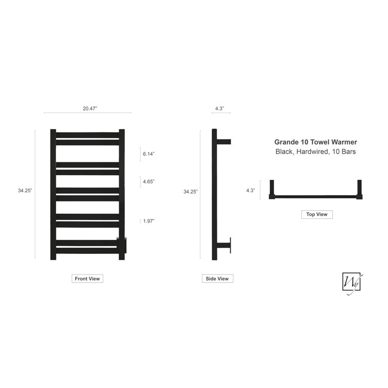 Grande 10-Bar Black Stainless Steel Wall-Mounted Towel Warmer