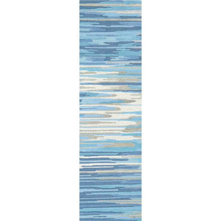 Hand Tufted Abstract Blue Wool Runner Rug 96'' L