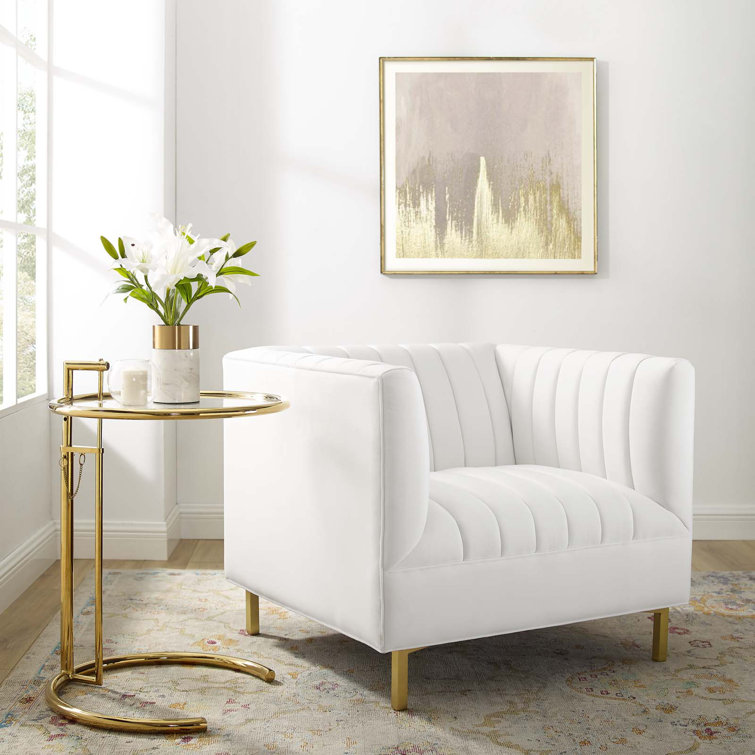 White Velvet Channel Tufted Barrel Accent Chair