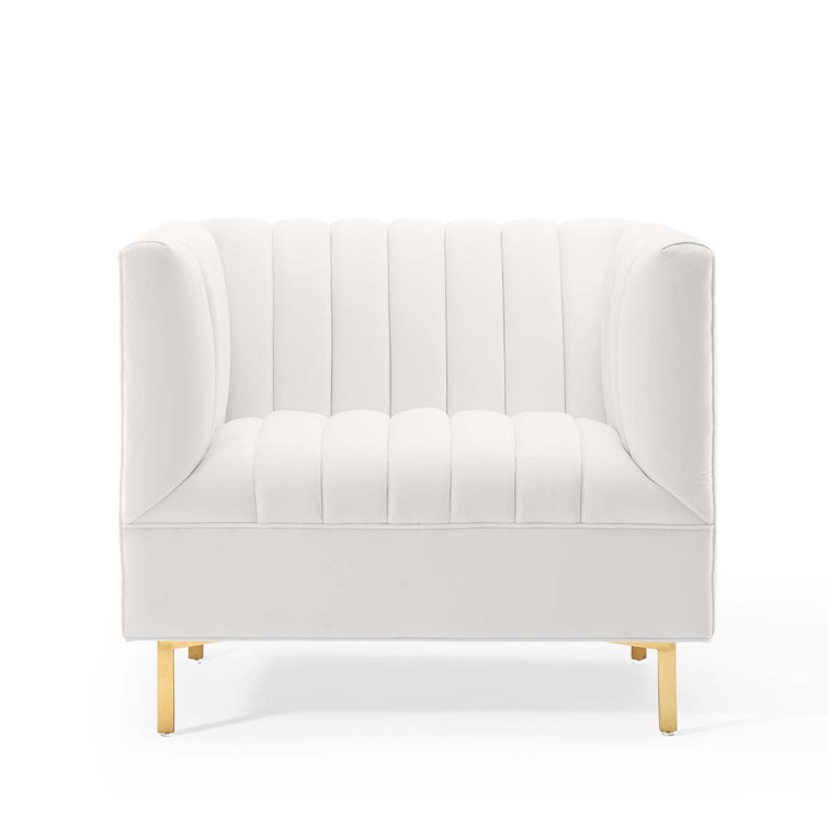 White Velvet Channel Tufted Barrel Accent Chair