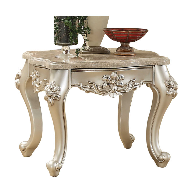 Silver Marble Top End Table with Floral Motif and Wood Legs