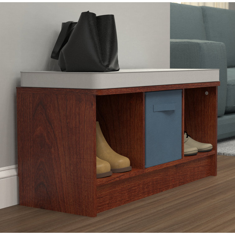 Laminated Wood 3-Cube Storage Bench with Gray Cushion