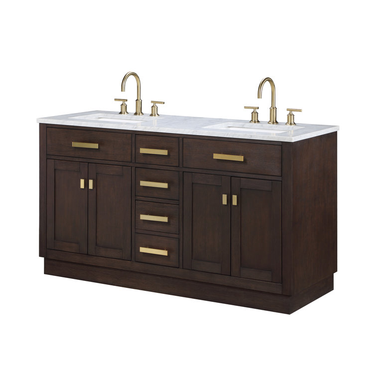 Chestnut 60" Brown Oak Double Bathroom Vanity with Gold Accents