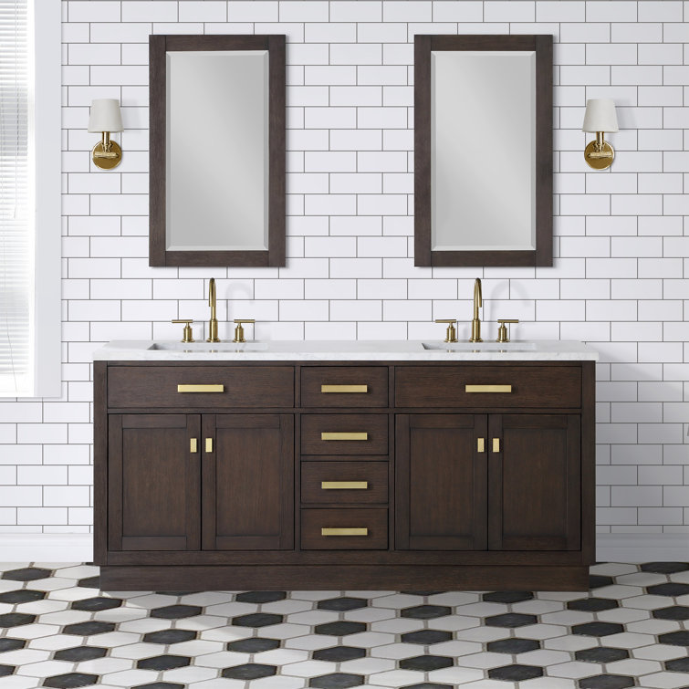 Chestnut 72" Brown Oak Double Sink Vanity with Carrara White Marble Countertop