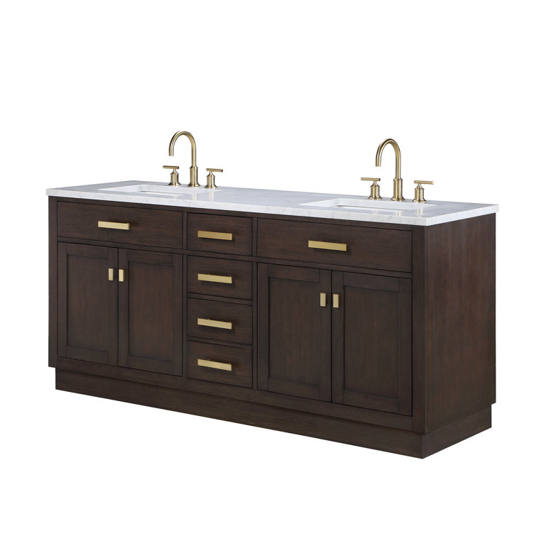Chestnut 72" Brown Oak Double Sink Vanity with Carrara White Marble Countertop